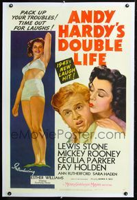 2x033 ANDY HARDY'S DOUBLE LIFE linen style C 1sh '42 Mickey Rooney, sexiest art of Esther Williams!