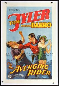 2x010 AVENGING RIDER linen one-sheet '28 Tom Tyler punches bad guy and saves sexy Florence Allen!