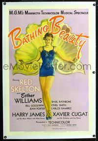 2x039 BATHING BEAUTY linen style C one-sheet '44 art of sexy swimmer Esther Williams by giant shell!