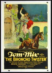2x002 BRONCHO TWISTER linen 1sh '27 cool art of Tom Mix jumping off clothesline with girl onto Tony!