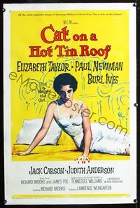 2x062 CAT ON A HOT TIN ROOF linen yellow style 1sh '58 classic art of Liz Taylor as Maggie the Cat!