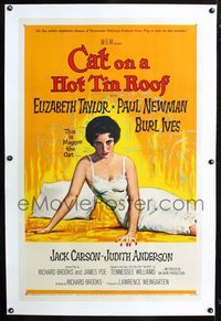 2x061 CAT ON A HOT TIN ROOF linen flames style 1sh '58 classic art of Liz Taylor as Maggie the Cat!