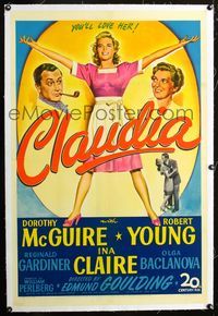 2x069 CLAUDIA linen one-sheet '43 art of full-length Dorothy McGuire, Robert Young & Ina Claire!