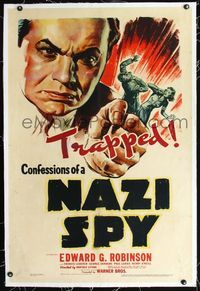 2x079 CONFESSIONS OF A NAZI SPY linen 1sheet '39 great art of Edward G. Robinson with clenched fist!