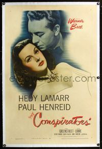 2x082 CONSPIRATORS linen 1sh '44 freedom fighter Paul Henreid nuzzles the hair of sexy Hedy Lamarr!