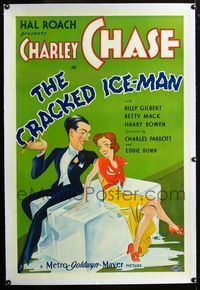 2x085 CRACKED ICE-MAN linen 1sh '34 great colorful art of Charley Chase & pretty lady on ice block!