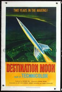2x099 DESTINATION MOON linen 1sheet '50 Robert A. Heinlein, cool artwork of rocket flying to space!