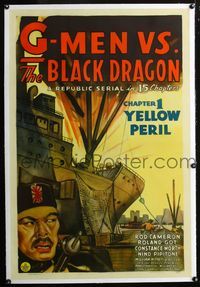 2x139 G-MEN VS. THE BLACK DRAGON linen Chap 1 1sh '43 cool art of Asian villain & ship under fire!