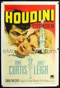 2x159 HOUDINI linen one-sheet '53 art of magician Tony Curtis and his sexy assistant Janet Leigh!