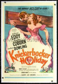 2x181 KNICKERBOCKER HOLIDAY linen 1sheet '44 art of Nelson Eddy in stocks kissing Constance Dowling!
