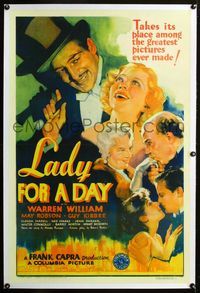 2x183 LADY FOR A DAY linen one-sheet '33 gorgeous colorful stone litho art of main cast, Frank Capra
