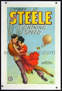 2x191 LIGHTNING SPEED linen style B 1sheet '28 stone litho art of parachuting Bob Steele & his girl!