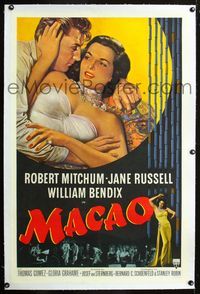 2x199 MACAO linen 1sheet '52 great close up artwork of Robert Mitchum romancing sexy Jane Russell!