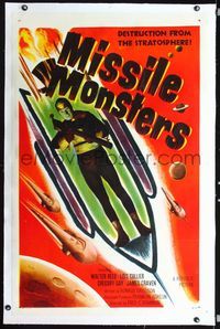 2x220 MISSILE MONSTERS linen 1sheet '58 aliens bring destruction from the stratosphere, wacky image!