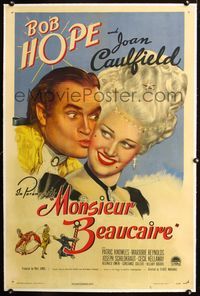 2x223 MONSIEUR BEAUCAIRE linen 1sheet '46 great close up of Bob Hope kissing pretty Joan Caulfield!