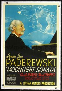 2x224 MOONLIGHT SONATA linen 1sh '37 art of pianist Ignace Jan Paderewski at piano & lovers in sky!