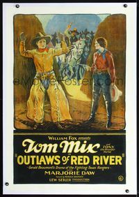 2x005 OUTLAWS OF RED RIVER linen 1sh '27 stone litho of Tom Mix held at gunpoint by pretty cowgirl!