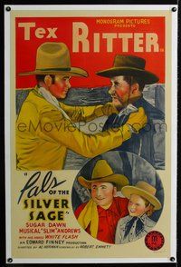 2x252 PALS OF THE SILVER SAGE linen one-sheet '40 cool stone litho of Tex Ritter getting tough!