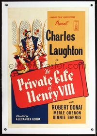 2x261 PRIVATE LIFE OF HENRY VIII linen English 1sh R1940s art of Charles Laughton, Alexander Korda