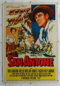 2x287 SAN ANTONE linen one-sheet '53 artwork of cowboy Rod Cameron & Katy Jurado, both holding guns!