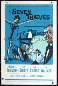 2x296 SEVEN THIEVES linen one-sheet '59 art of Edward G. Robinson, Rod Steiger & sexy Joan Collins!