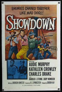 2x305 SHOWDOWN linen 1sh '63 Audie Murphy & enemies chained together, and pretty Kathleen Crowley!