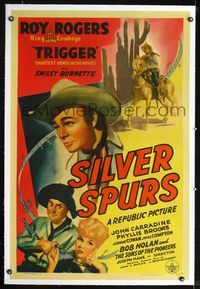2x308 SILVER SPURS linen 1sh '43 art of Roy Rogers close up & riding Trigger, plus Smiley Burnette!