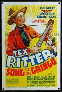 2x317 SONG OF THE GRINGO linen one-sheet '36 wonderful stone litho of Tex Ritter playing guitar!