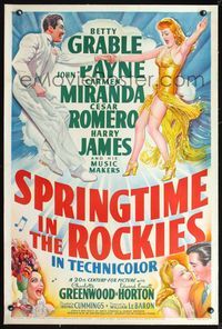 2x324 SPRINGTIME IN THE ROCKIES linen 1sh '42 stone litho of Betty Grable, Romero & Carmen Miranda!