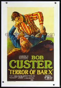 2x011 TERROR OF BAR X linen style B 1sh '27 art of Bob Custer in life and death struggle by Farrah!