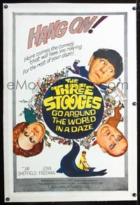 2x354 THREE STOOGES GO AROUND THE WORLD IN A DAZE linen 1sh '63 wacky art of Moe, Larry & Curly-Joe!