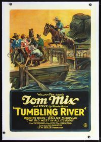 2x004 TUMBLING RIVER linen one-sheet '27 great stone litho art of Tom Mix jumping Tony onto boat!