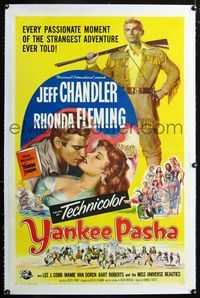 2x397 YANKEE PASHA linen one-sheet '54 close up art of Jeff Chandler kissing sexy Rhonda Fleming!