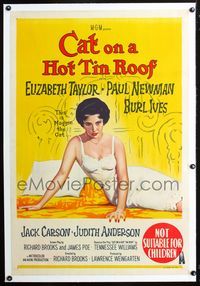 2y259 CAT ON A HOT TIN ROOF linen Aust 1sh '58 classic image of Elizabeth Taylor as Maggie the Cat!