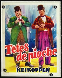 2y029 BLOCK-HEADS linen Belgian '40s great different full-length art of Stan Laurel & Oliver Hardy!