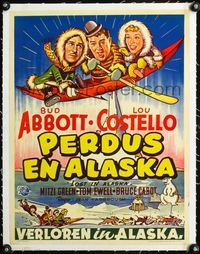 2y050 LOST IN ALASKA linen Belgian '52 art of Bud Abbott & Lou Costello in kayak with Mitzi Green!