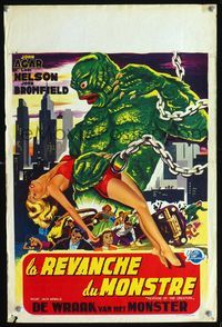 2y014 REVENGE OF THE CREATURE Belgian poster '55 great artwork of chained monster holding sexy girl!