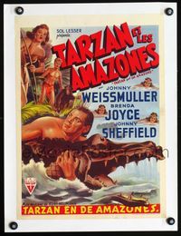 2y062 TARZAN & THE AMAZONS linen Belgian '45 art of Weissmuller wrestling croc + Joyce & Sheffield!