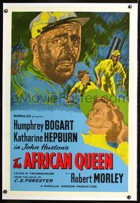 2y183 AFRICAN QUEEN linen English 1sh R50s John Huston, art of Humphrey Bogart & Katharine Hepburn!
