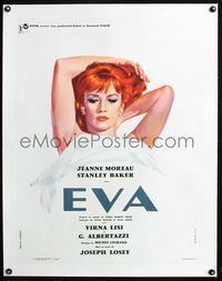 2y155 EVA linen French 23x31 '62 Joseph Losey, best artwork of sexy Jeanne Moreau naked under sheet!
