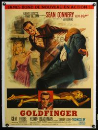 2y157 GOLDFINGER linen French 23x32 '64 different art of Sean Connery as James Bond by Jean Mascii!