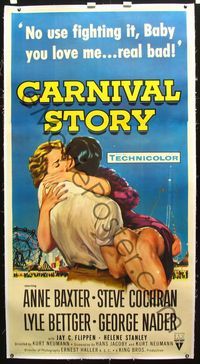 2z157 CARNIVAL STORY linen 3sheet '54 sexy Anne Baxter held by Steve Cochran who she loves real bad!