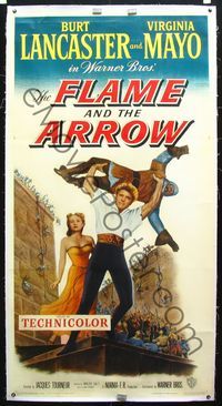 2z161 FLAME & THE ARROW linen 3sh '50 different image of Burt Lancaster throwing guy, Virginia Mayo