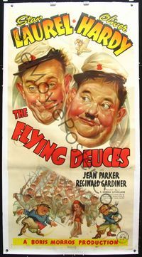 2z162 FLYING DEUCES linen 3sheet '39 giant headshot art of Legionnaires Stan Laurel & Oliver Hardy!