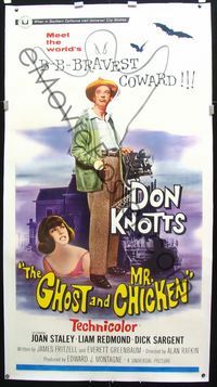 2z164 GHOST & MR. CHICKEN linen 3sheet '65 scared Don Knotts fighting spooks, kooks, and crooks!