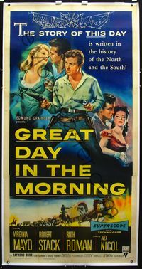 2z165 GREAT DAY IN THE MORNING linen 3sh '56 art of Robert Stack with two guns & sexy Virginia Mayo!