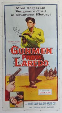 2z167 GUNMEN FROM LAREDO linen three-sheet '59 full-length image of cowboy drawing gun in gunfight!