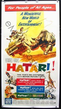 2z169 HATARI linen three-sheet '62 Howard Hawks, great artwork images of John Wayne in Africa!