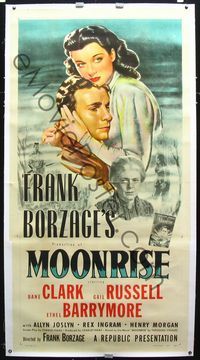 2z177 MOONRISE linen three-sheet poster '48 Gail Russell, Dane Clark, Ethel Barrymore, romantic art!