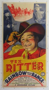 2z185 RAINBOW OVER THE RANGE linen 3sheet '40 great huge c/u smiling portrait of cowboy Tex Ritter!